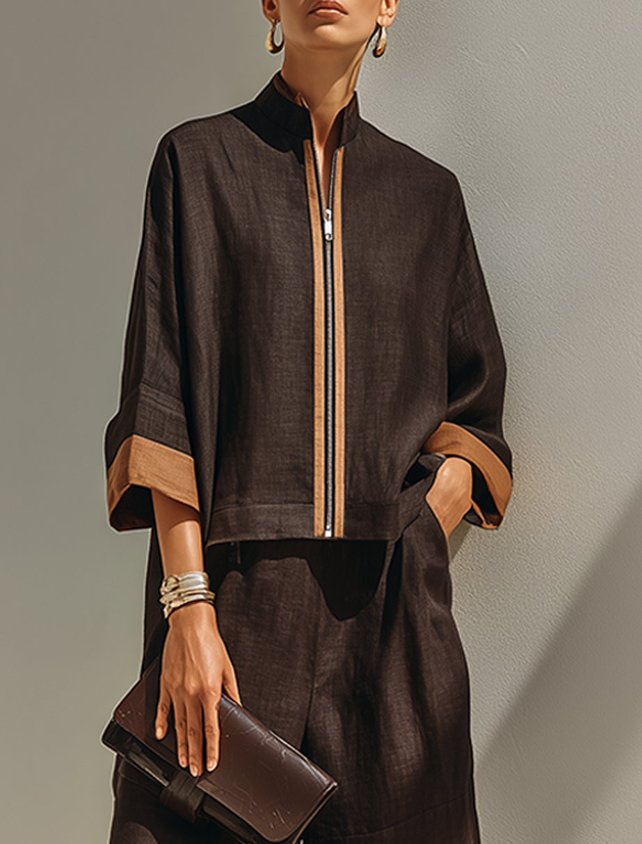 Women's Dark‑Brown Linen Fabric Stand‑Collared Zip‑Up Crop Top & Wide‑Leg Pants Set MDZ1459G3ZRK