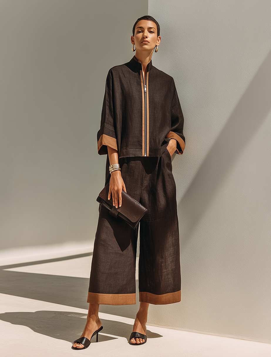 Women's Dark‑Brown Linen Fabric Stand‑Collared Zip‑Up Crop Top & Wide‑Leg Pants Set MDZ1459G3ZRK