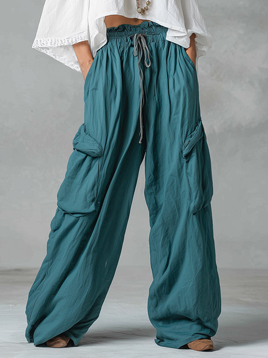 Vintage-style Boho White Shirt And Teal Utility Trousers Cotton-linen Set - By Qivii