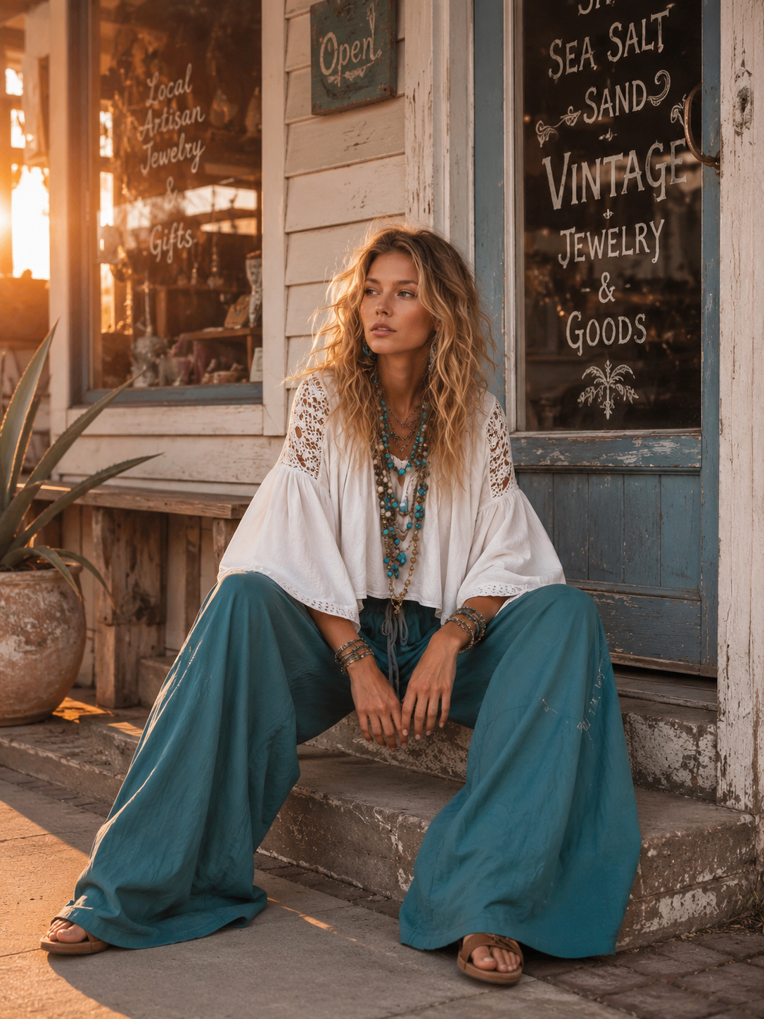 Vintage-style Boho White Shirt And Teal Utility Trousers Cotton-linen Set - By Qivii