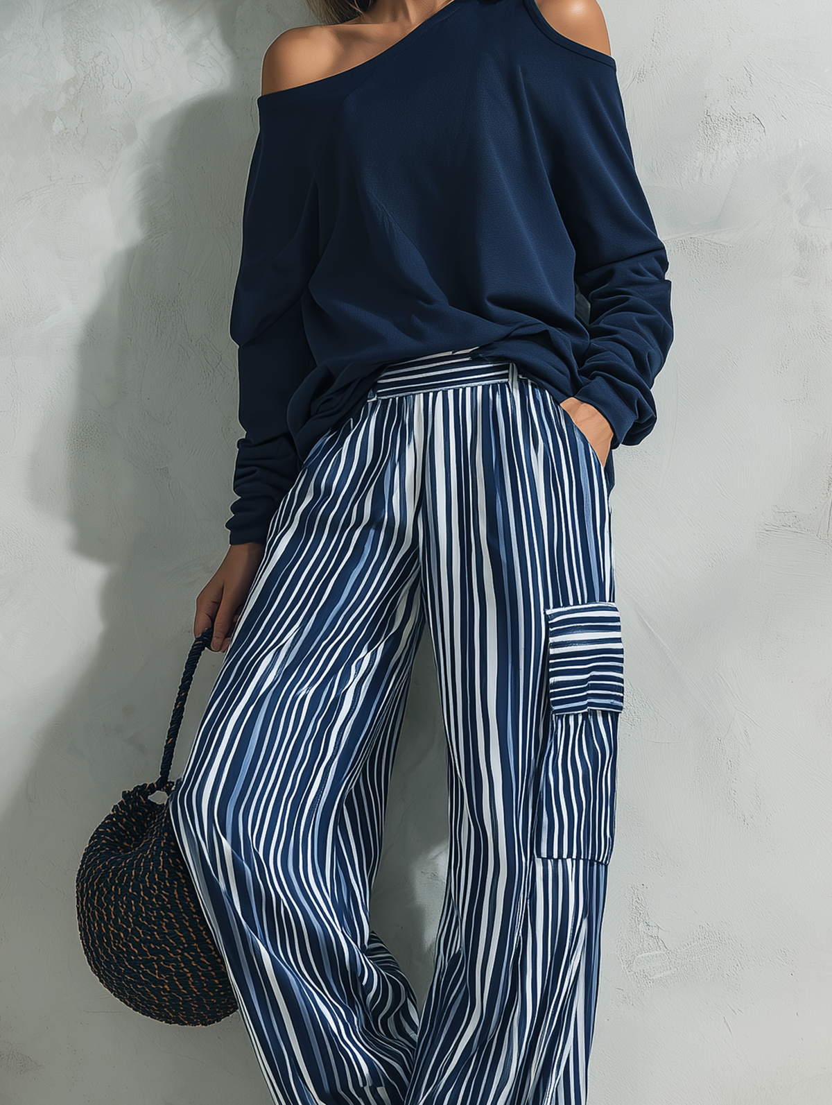Women's Casual 2-Piece Set Long-sleeved Top In Navy Blue Sweatshirt Fabric And Blue-and-white Striped Woven Trousers MDZ2895G0LXY