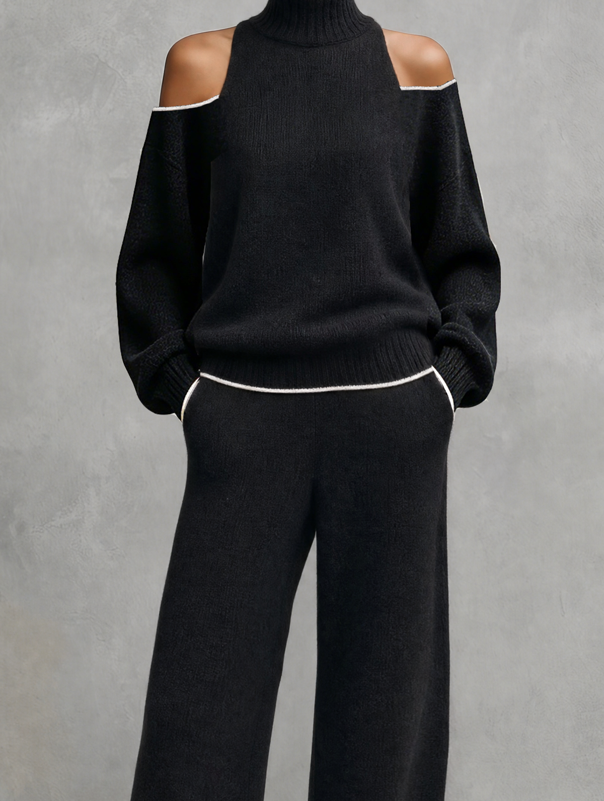 Women's Casual 2-Piece Set Black Long-sleeved Knit Top And Trousers MDZ3065G8LXY