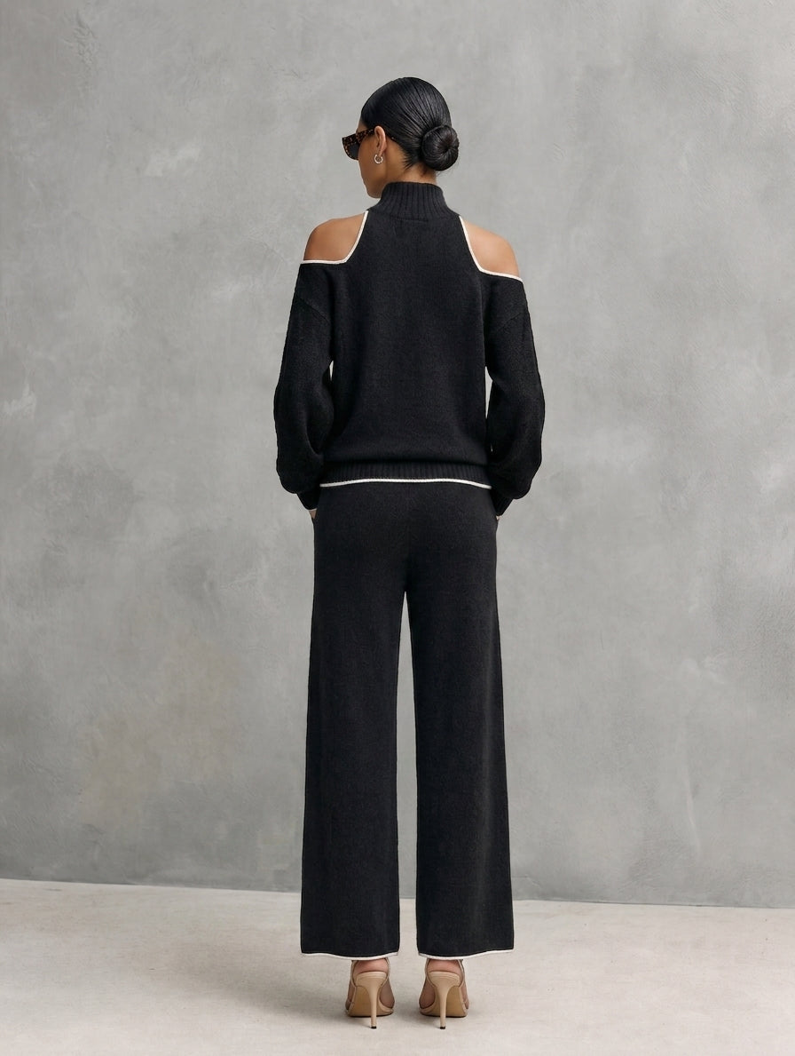Women's Casual 2-Piece Set Black Long-sleeved Knit Top And Trousers MDZ3065G8LXY