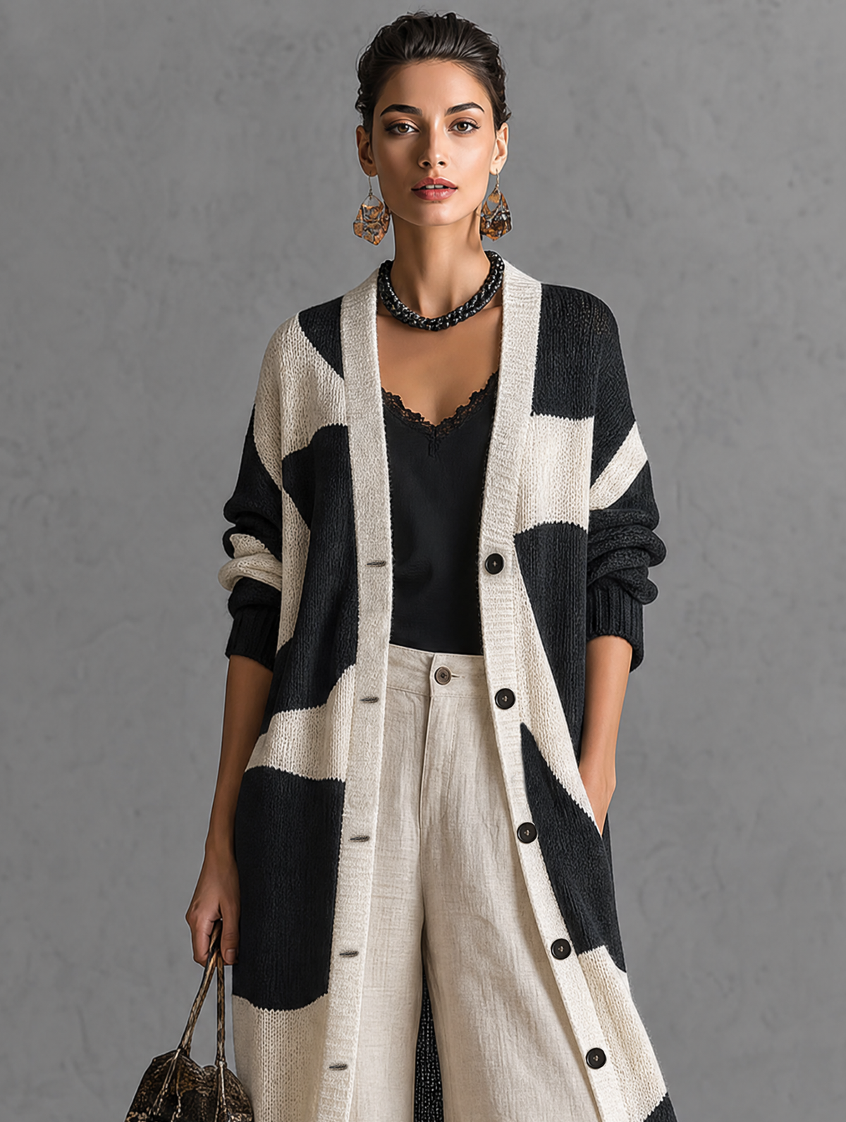 Women's Minimalist Color-Block Jacquard Single-Breasted Long Cardigan MDZ0422H8WY