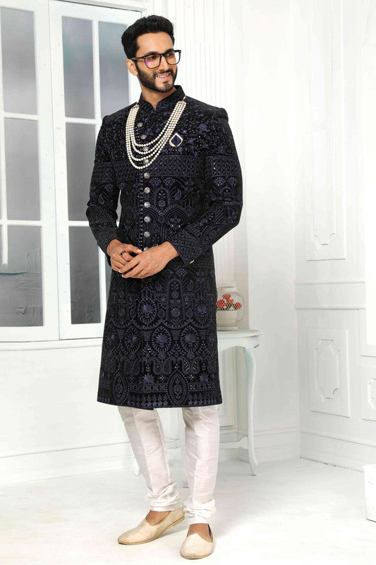 Men's Art Silk Embroidery Work Sherwani In Navy Blue Colour