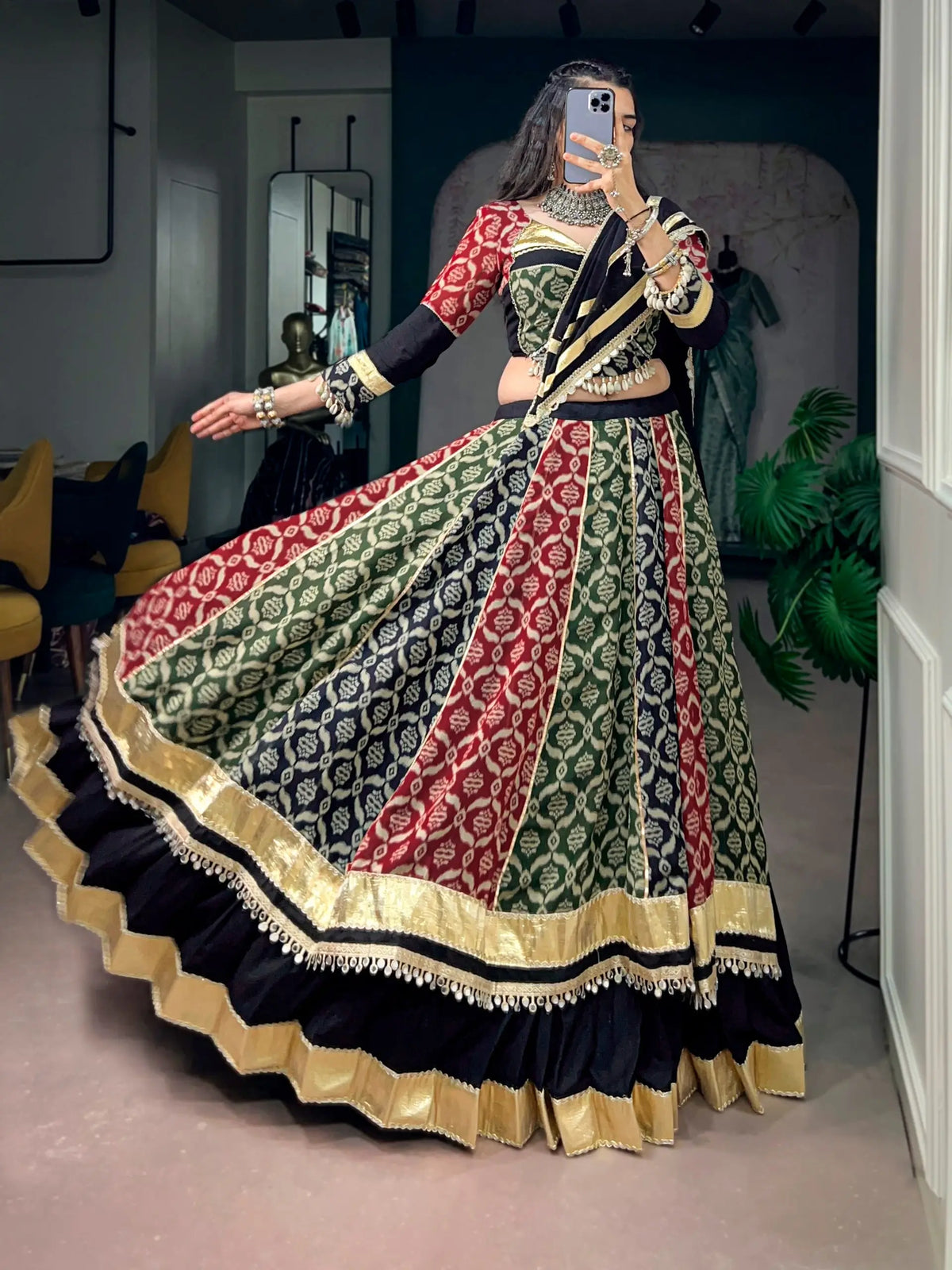 7 Meter Flair | Multicolor Rayon Printed Navratri Lehenga With Lace Work