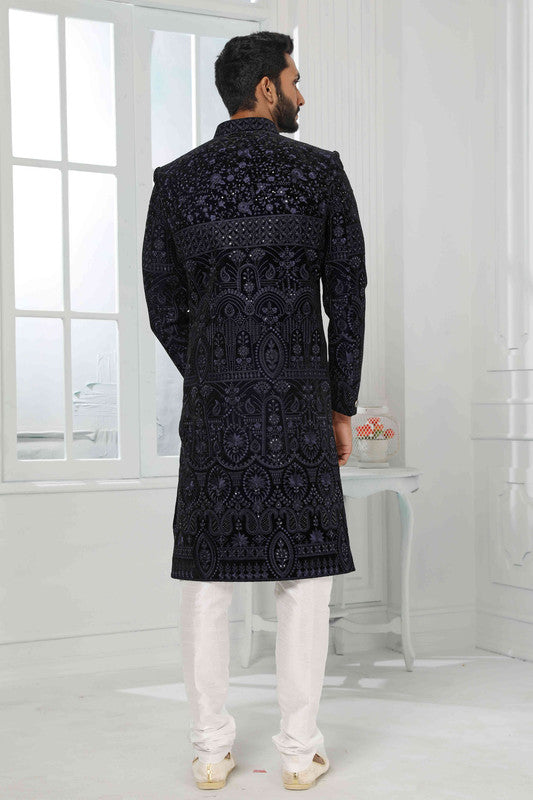 Men's Art Silk Embroidery Work Sherwani In Navy Blue Colour