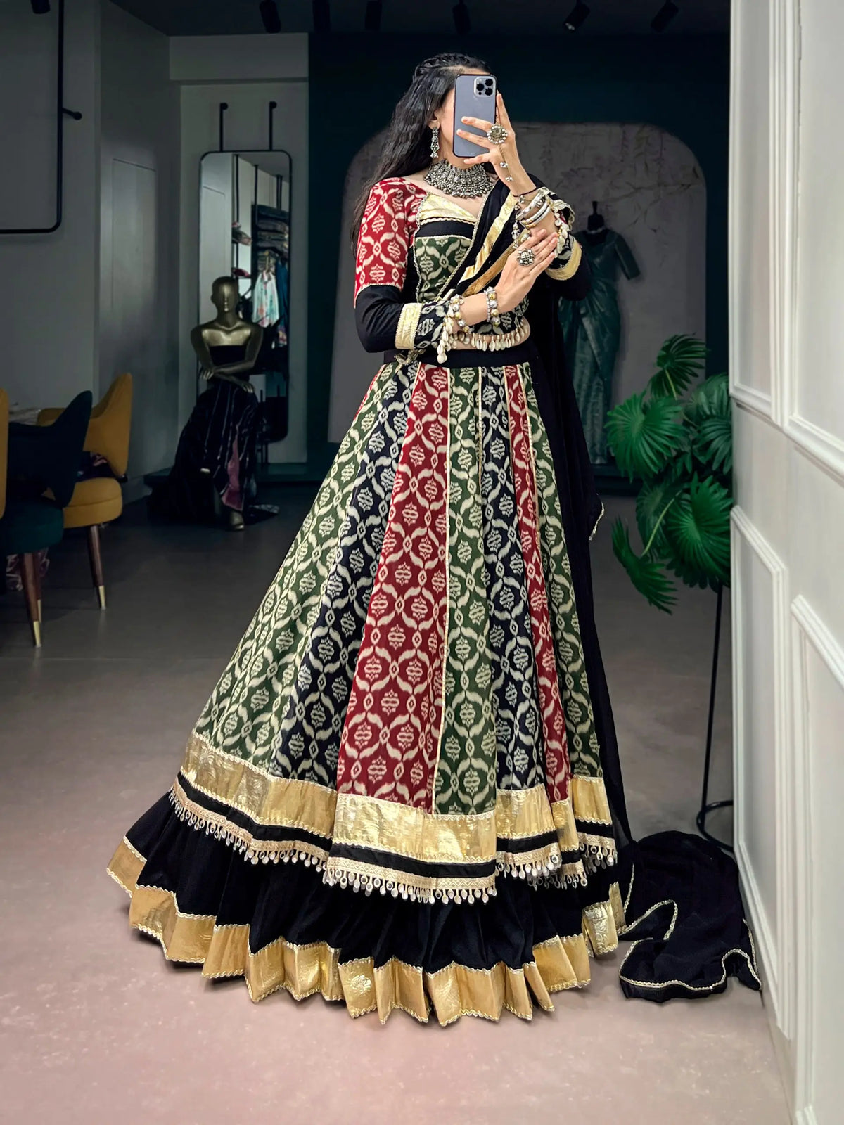 7 Meter Flair | Multicolor Rayon Printed Navratri Lehenga With Lace Work
