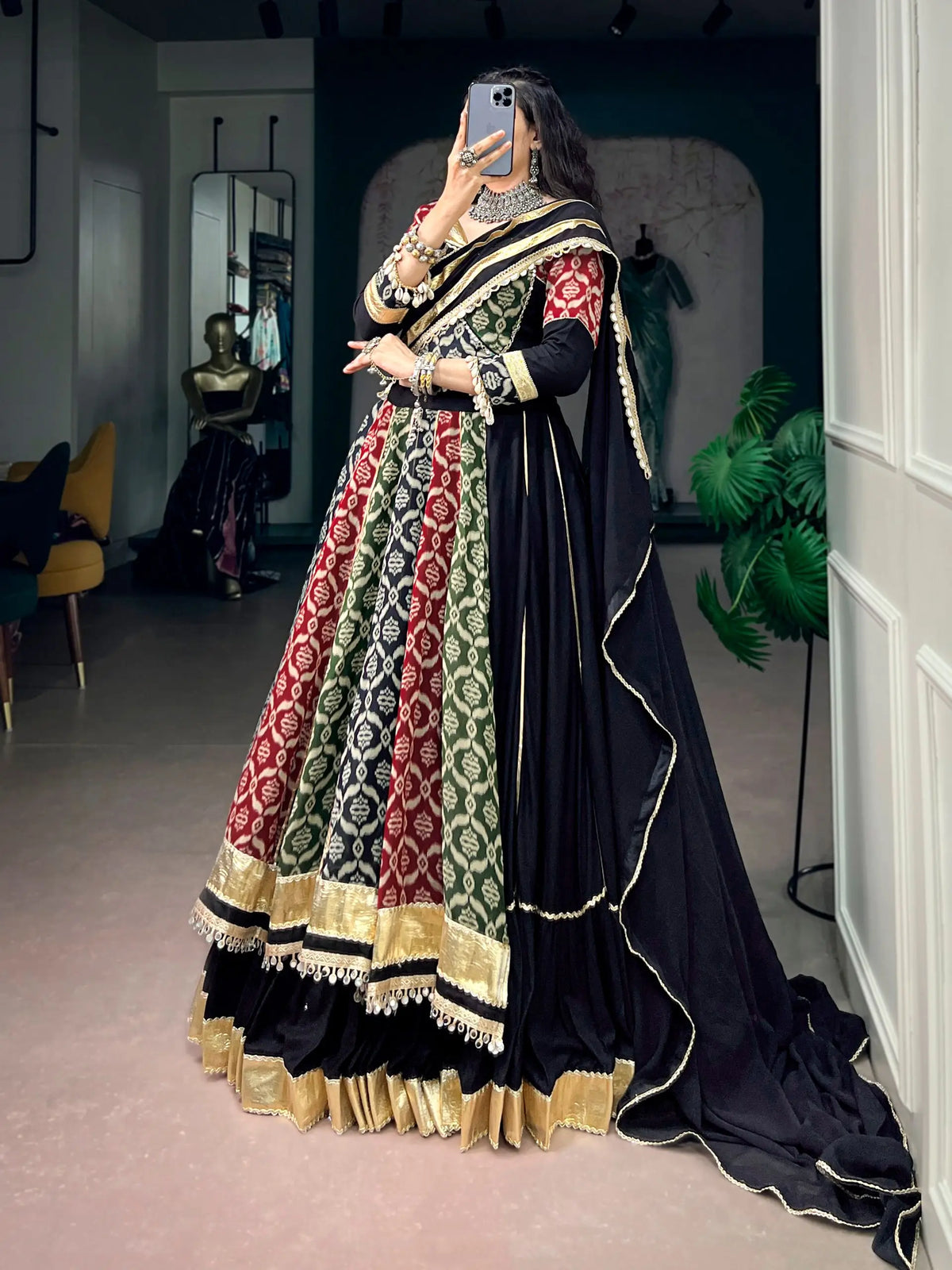 7 Meter Flair | Multicolor Rayon Printed Navratri Lehenga With Lace Work