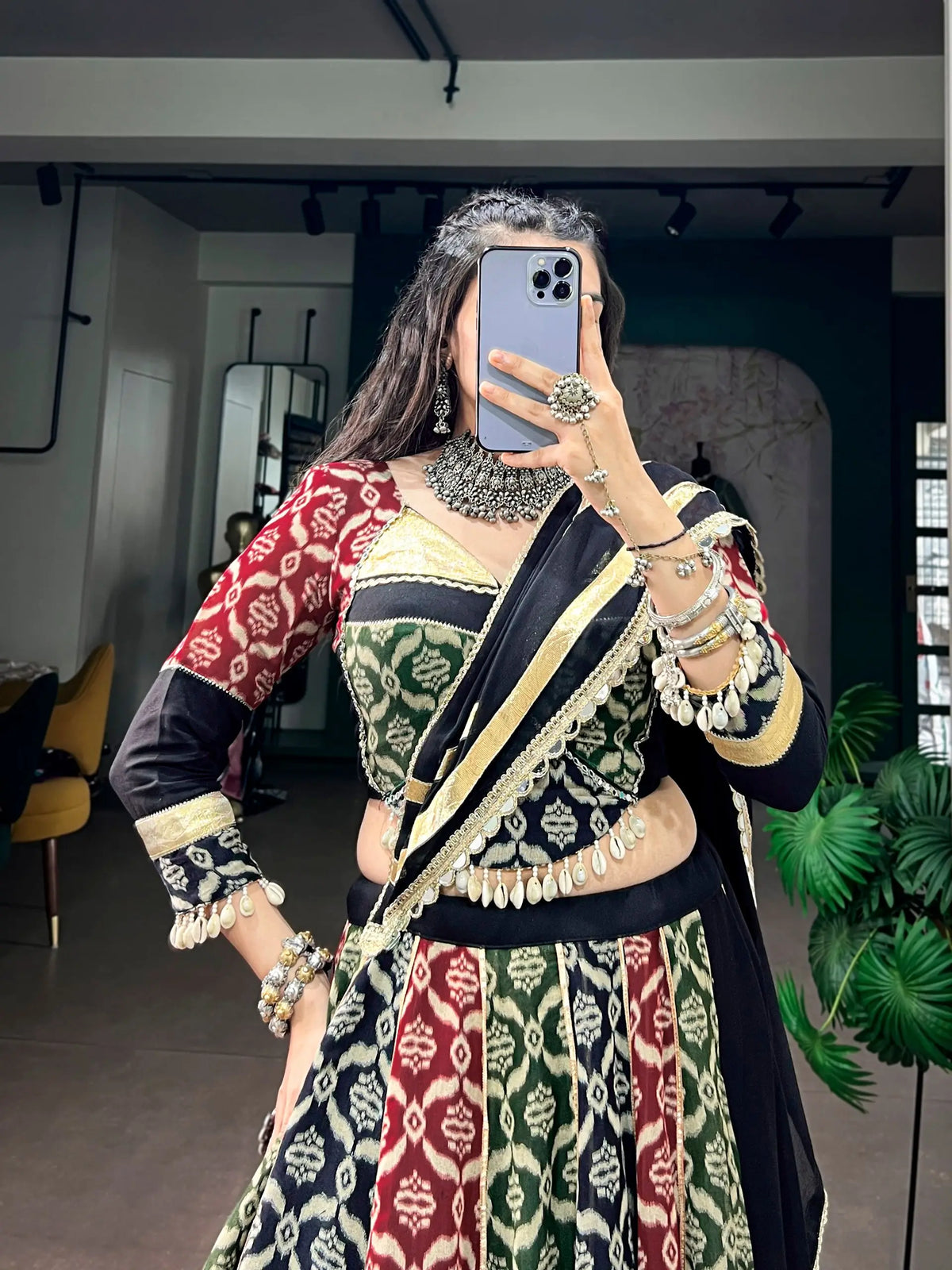 7 Meter Flair | Multicolor Rayon Printed Navratri Lehenga With Lace Work