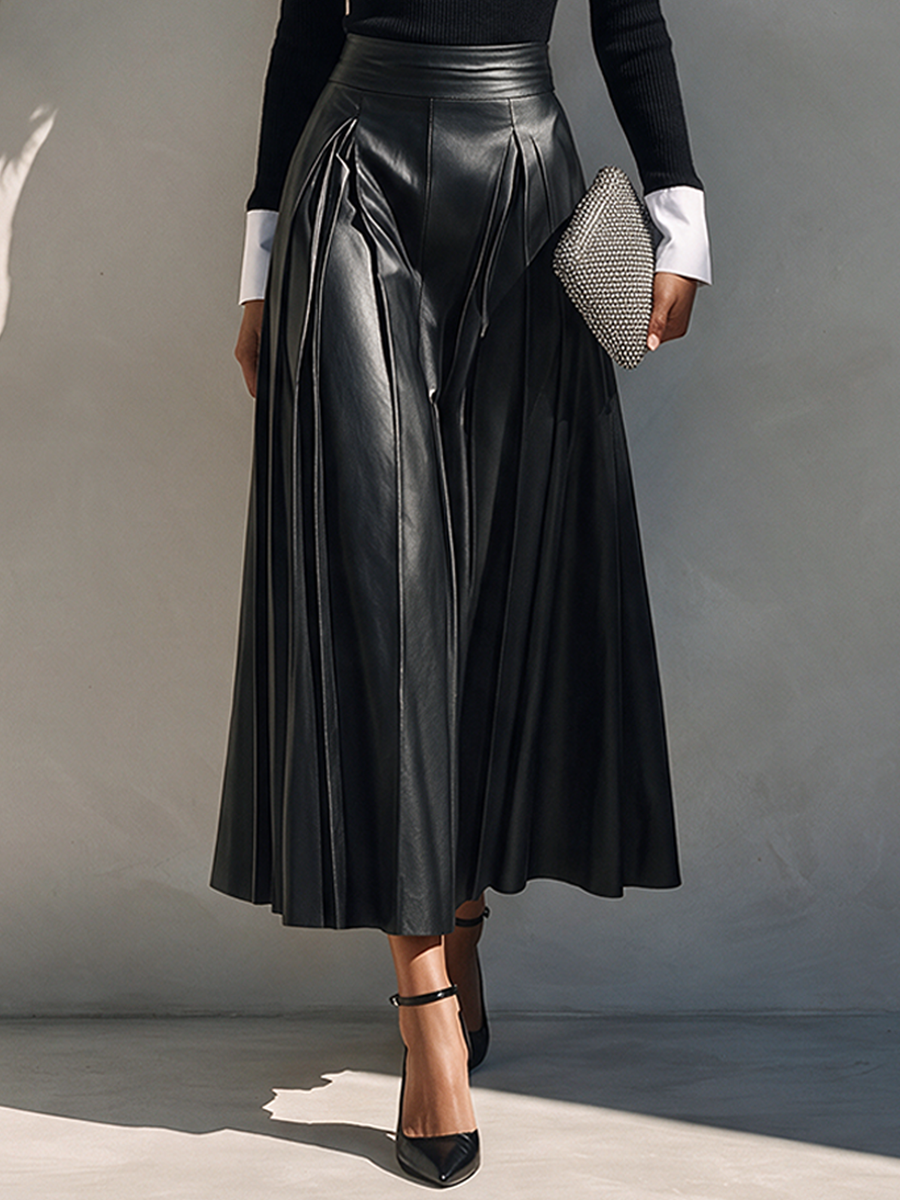 Women's High-Waisted Pleated Leather Skirt MDZ2153H1ZRK