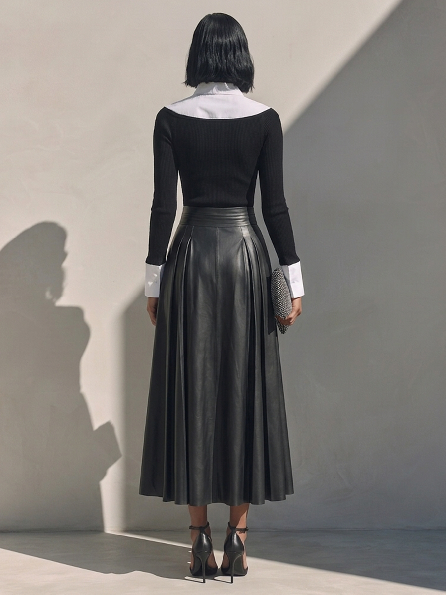 Women's High-Waisted Pleated Leather Skirt MDZ2153H1ZRK