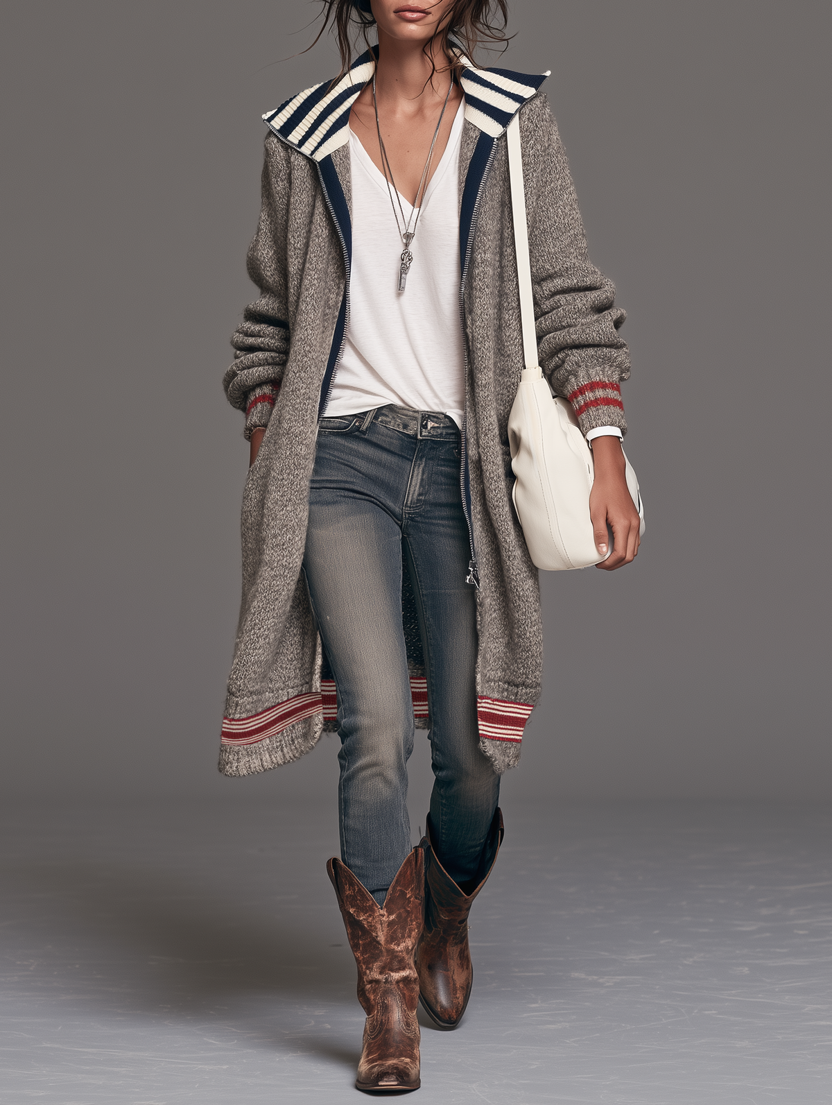 Women's Vintage Color-Block Striped Zip-Up Mid-Length Cardigan MDZ2550H4WY
