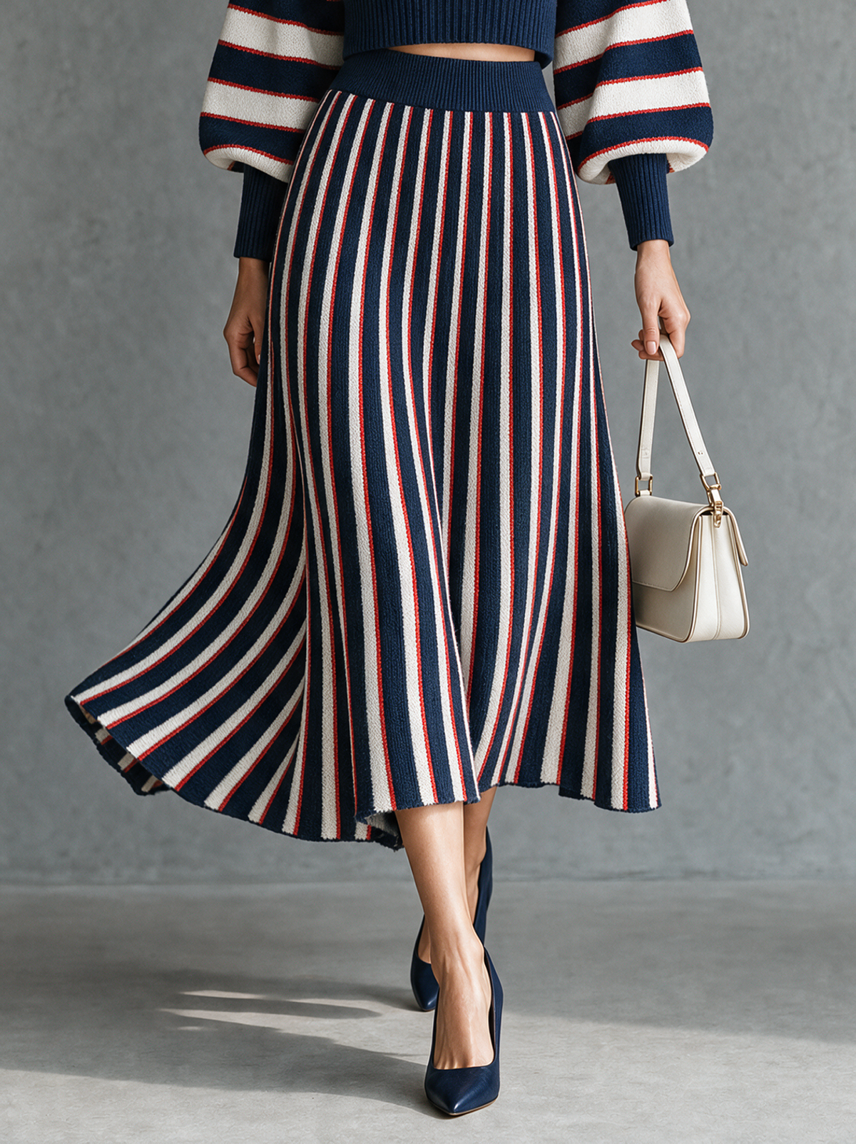 Women's Vintage Striped Boat-Neck Sweater And Skirt Set