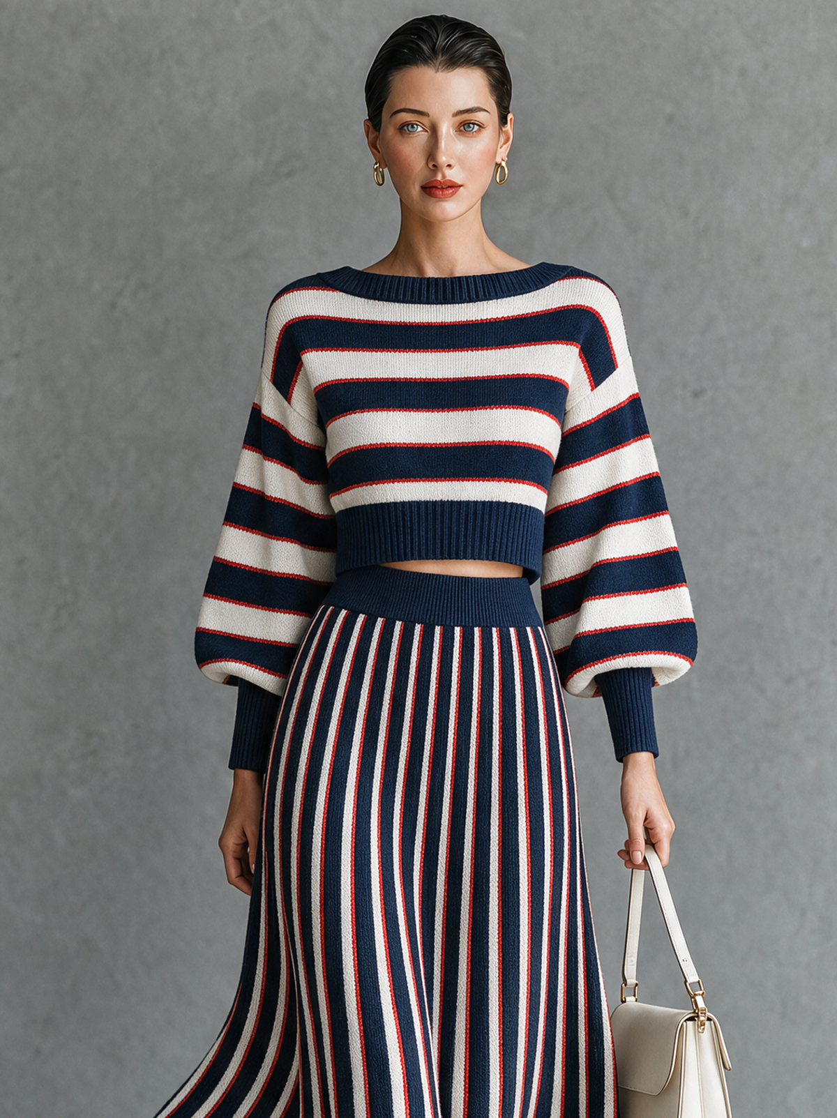 Women's Vintage Striped Boat-Neck Sweater And Skirt Set