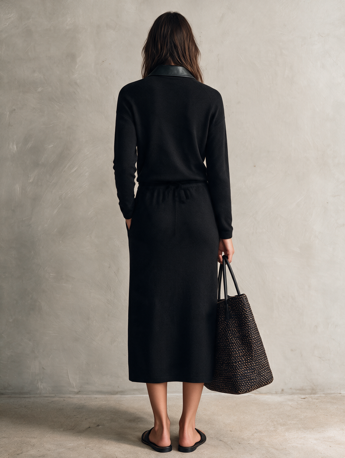 Women's Casual Black Long-Sleeve Midi Dress With Knit And Leather Paneling MDZ2552H1LXY
