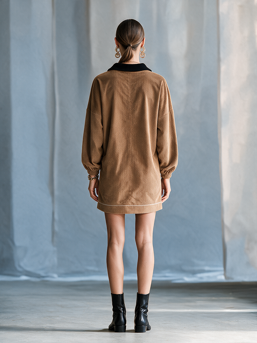 Women's Collared Half-Zip Colorblock Drop-Shoulder Long-Sleeve Corduroy Mini Dress MDZ2713H0CMX
