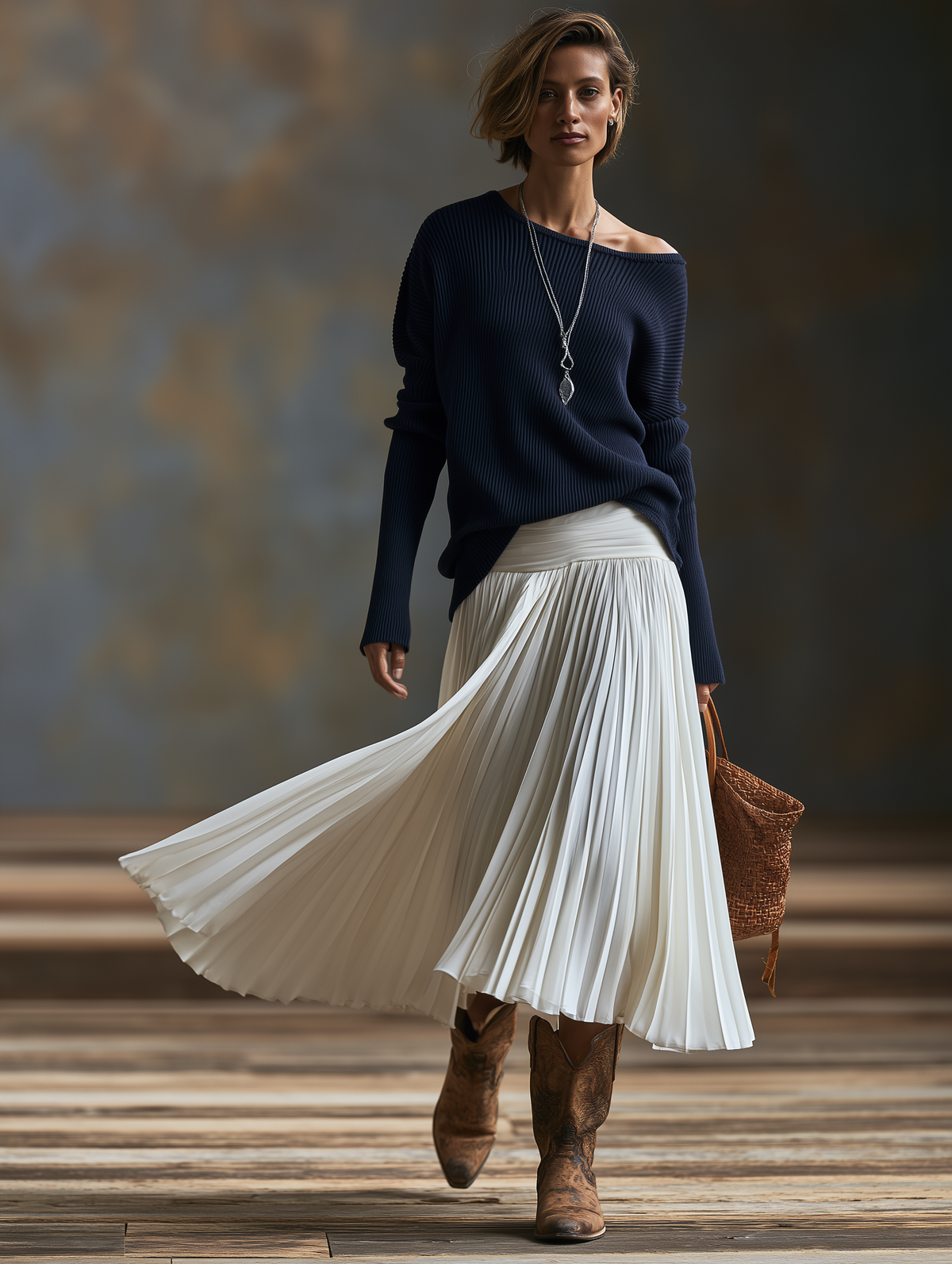 Women's Vintage Long-Sleeve Sweater And Pleated Skirt Set MDZ2891H9WY