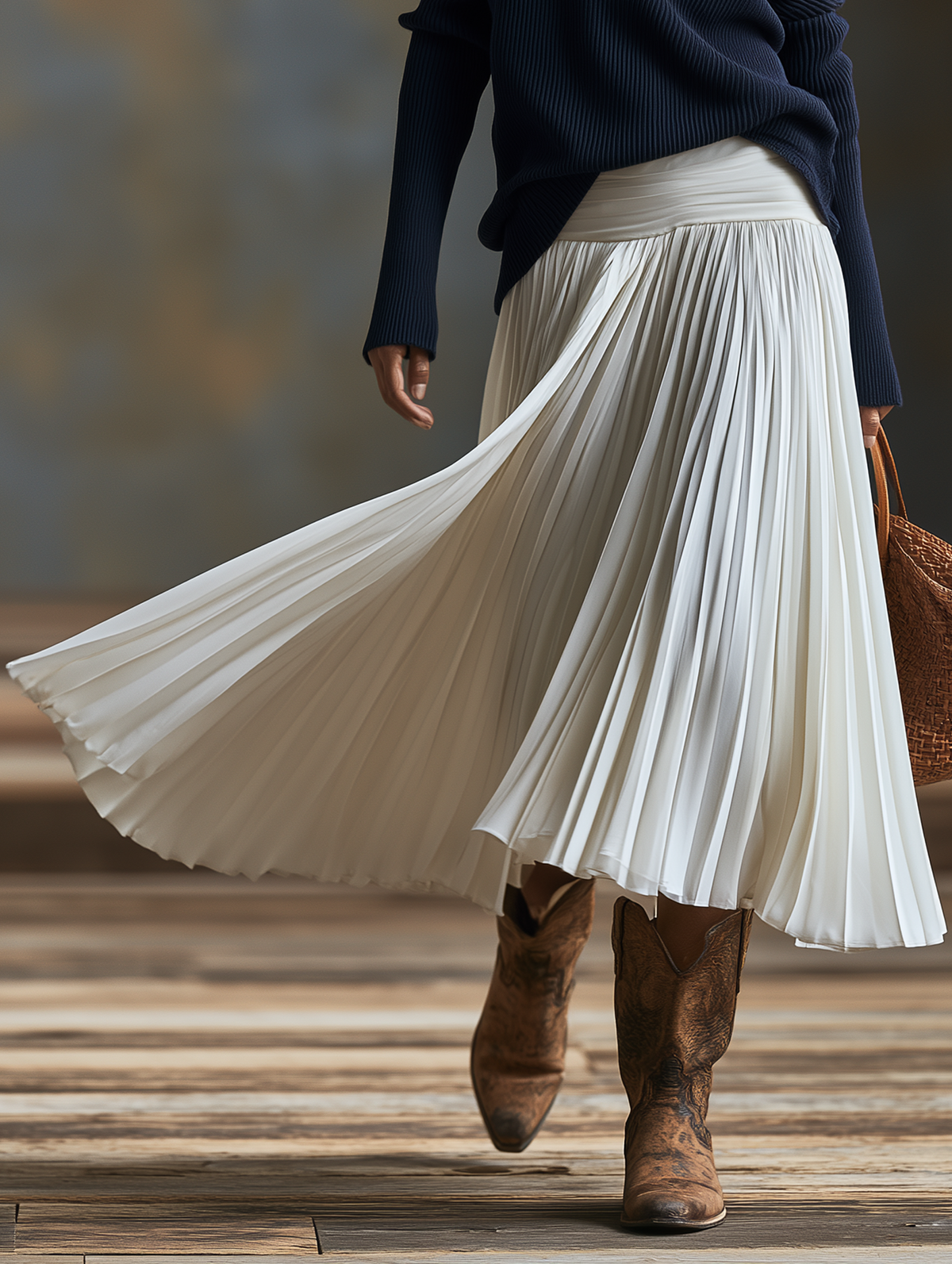 Women's Vintage Long-Sleeve Sweater And Pleated Skirt Set MDZ2891H9WY