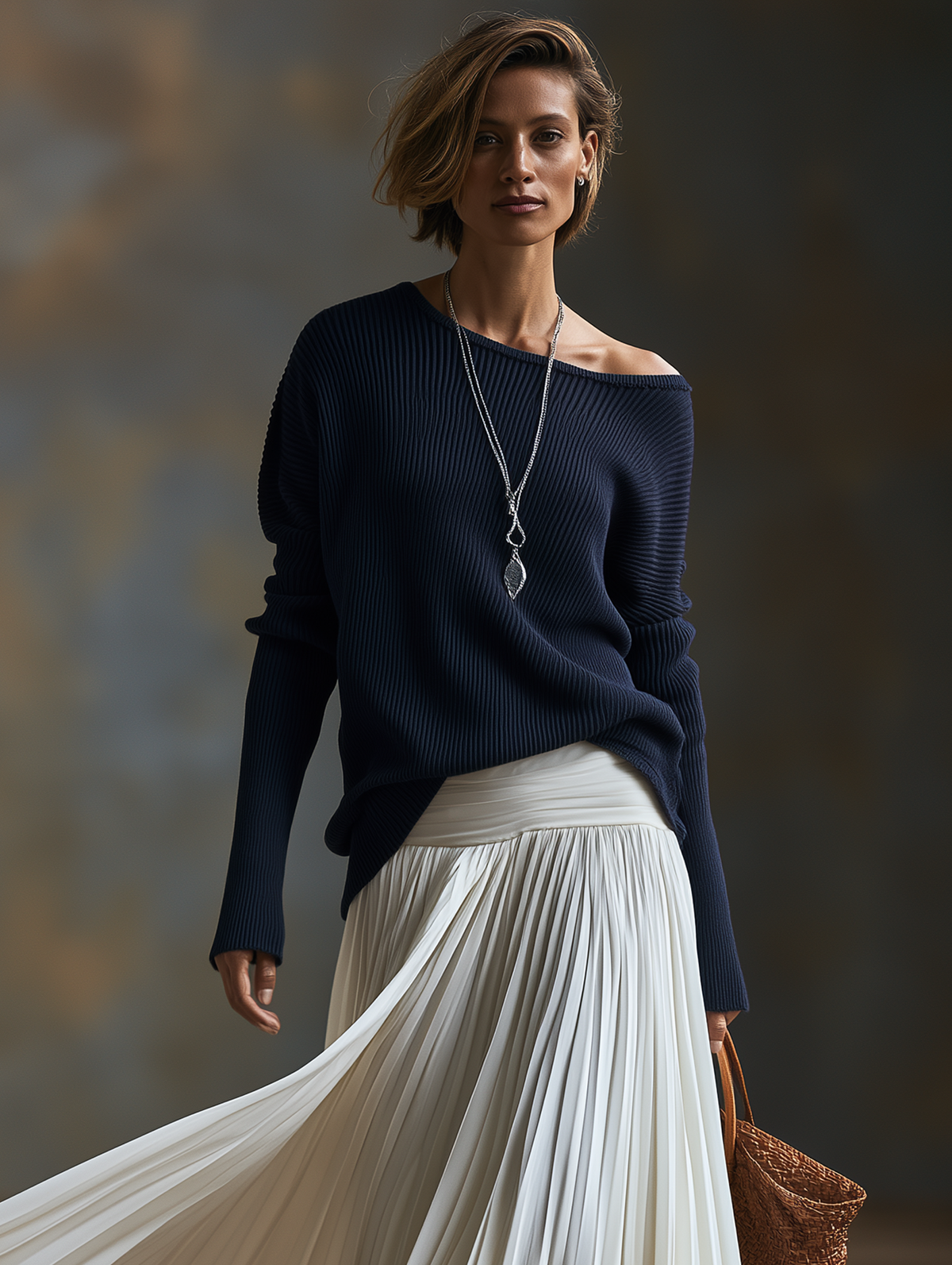 Women's Vintage Long-Sleeve Sweater And Pleated Skirt Set MDZ2891H9WY