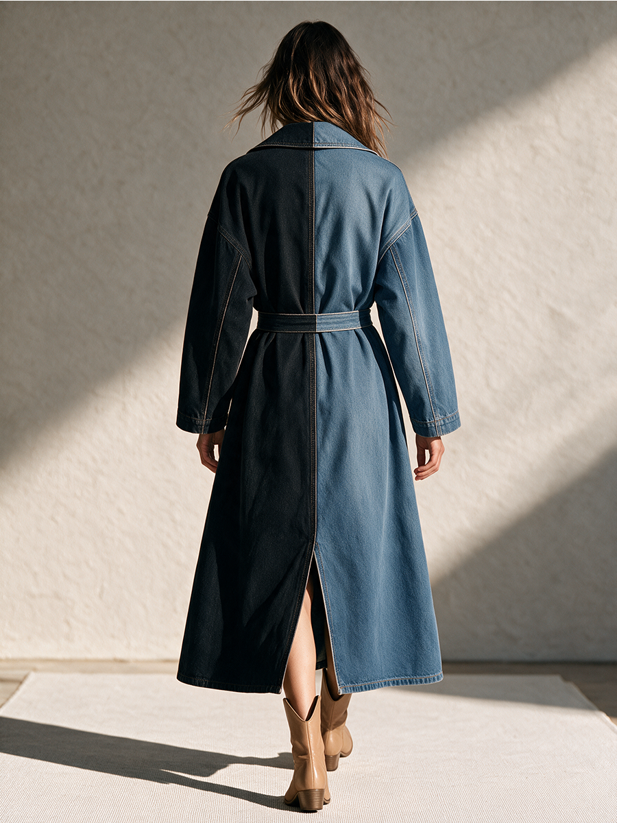 Women's Collared Colorblock Drop-Shoulder Long-Sleeve Denim Long Coat MDZ2868H5CMX