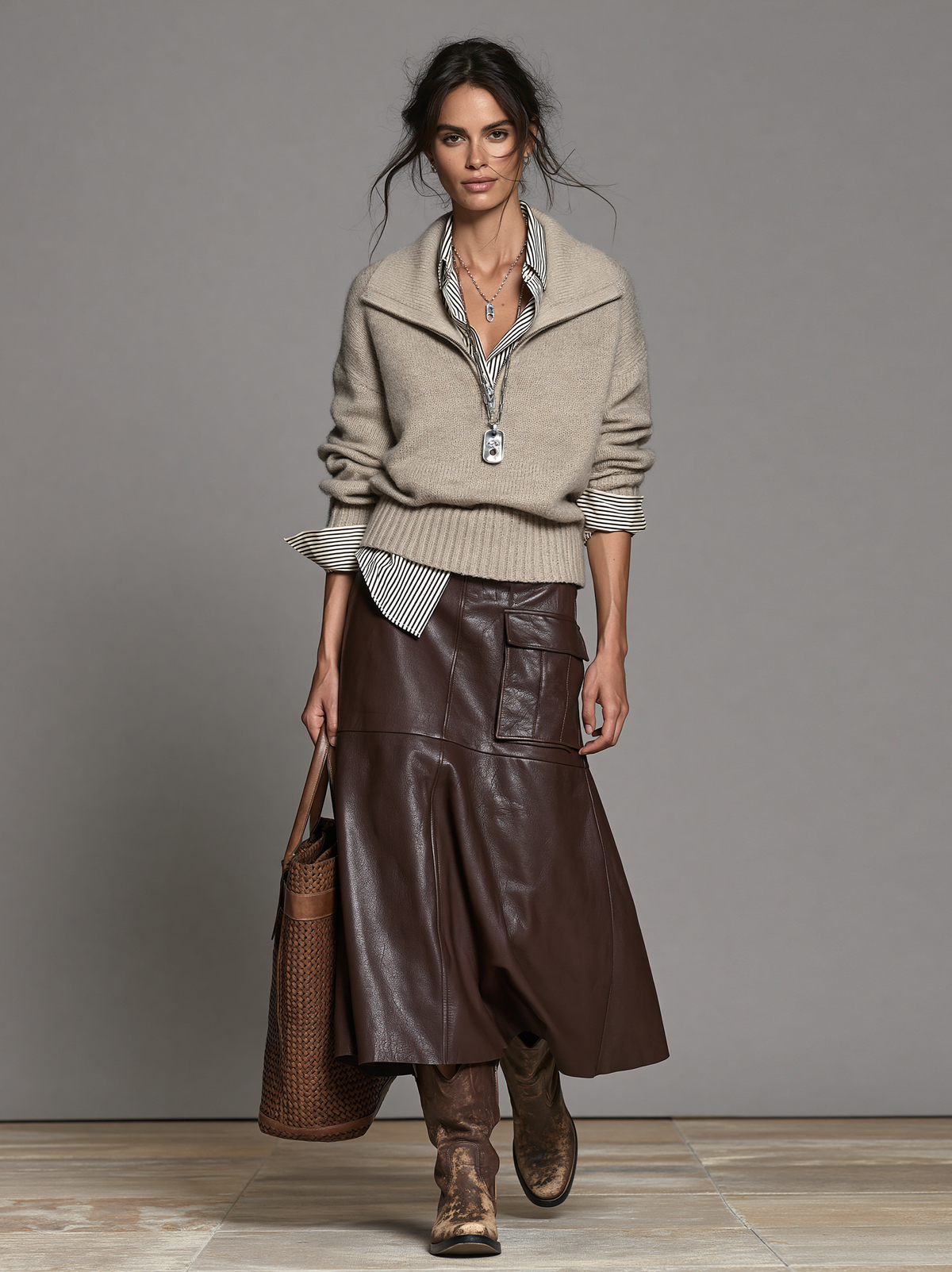 Women's Retro Zip-Collar Sweater And Faux Leather Midi Skirt Set MDZ2873H4WY