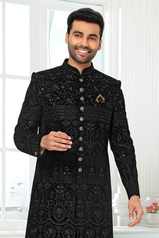 Men's Art Silk Embroidery Work Sherwani In Black Colour