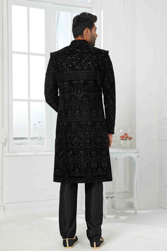 Men's Art Silk Embroidery Work Sherwani In Black Colour