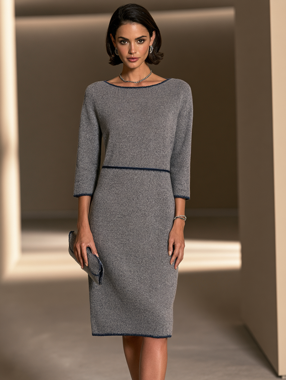 Women's Contrast Trim Commuter Knit Midi Dress MDZ3168H2GMJ