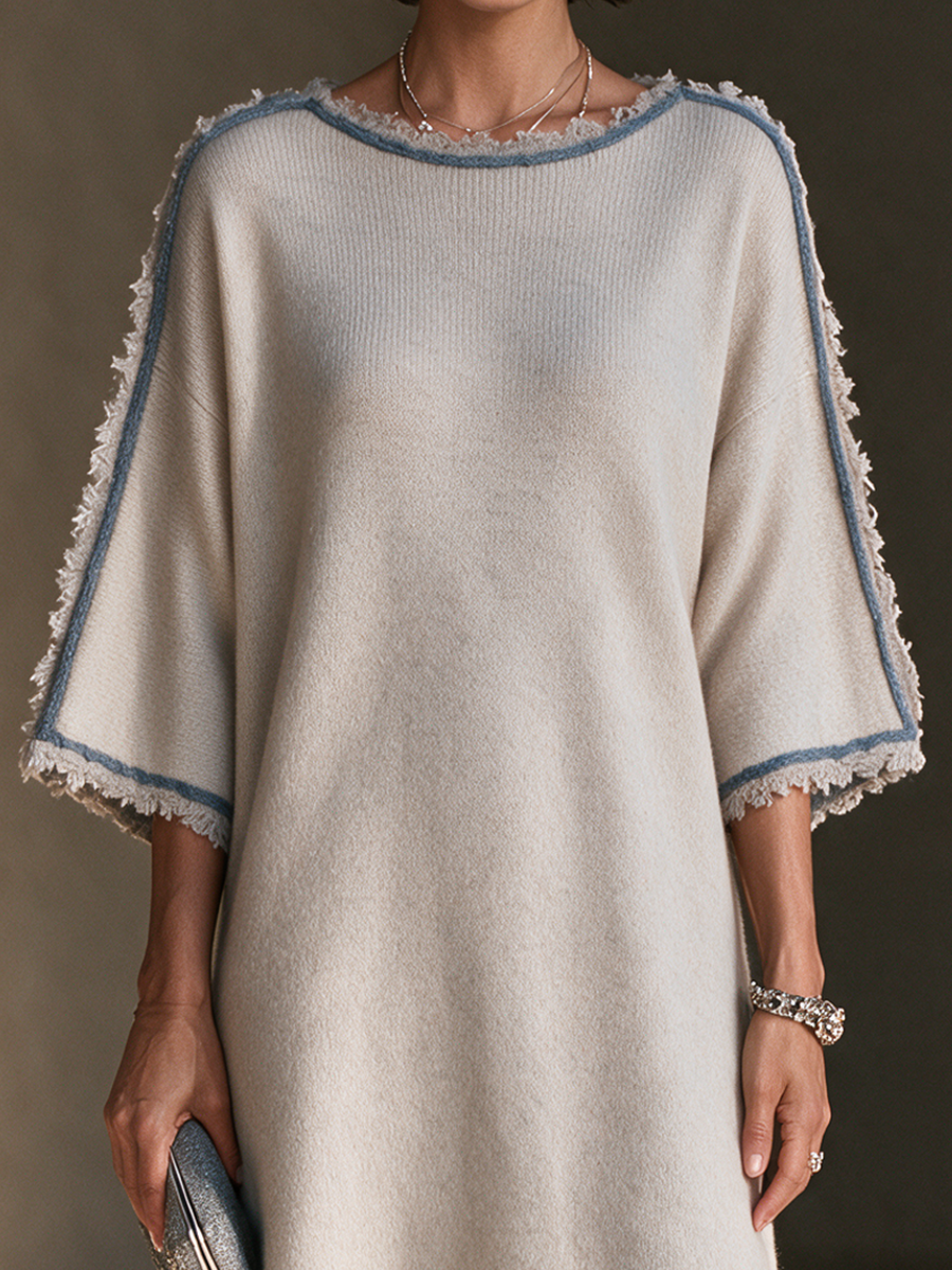 Women's Frayed Contrast Trim Casual Knit Midi Dress MDZ3102H6GMJ