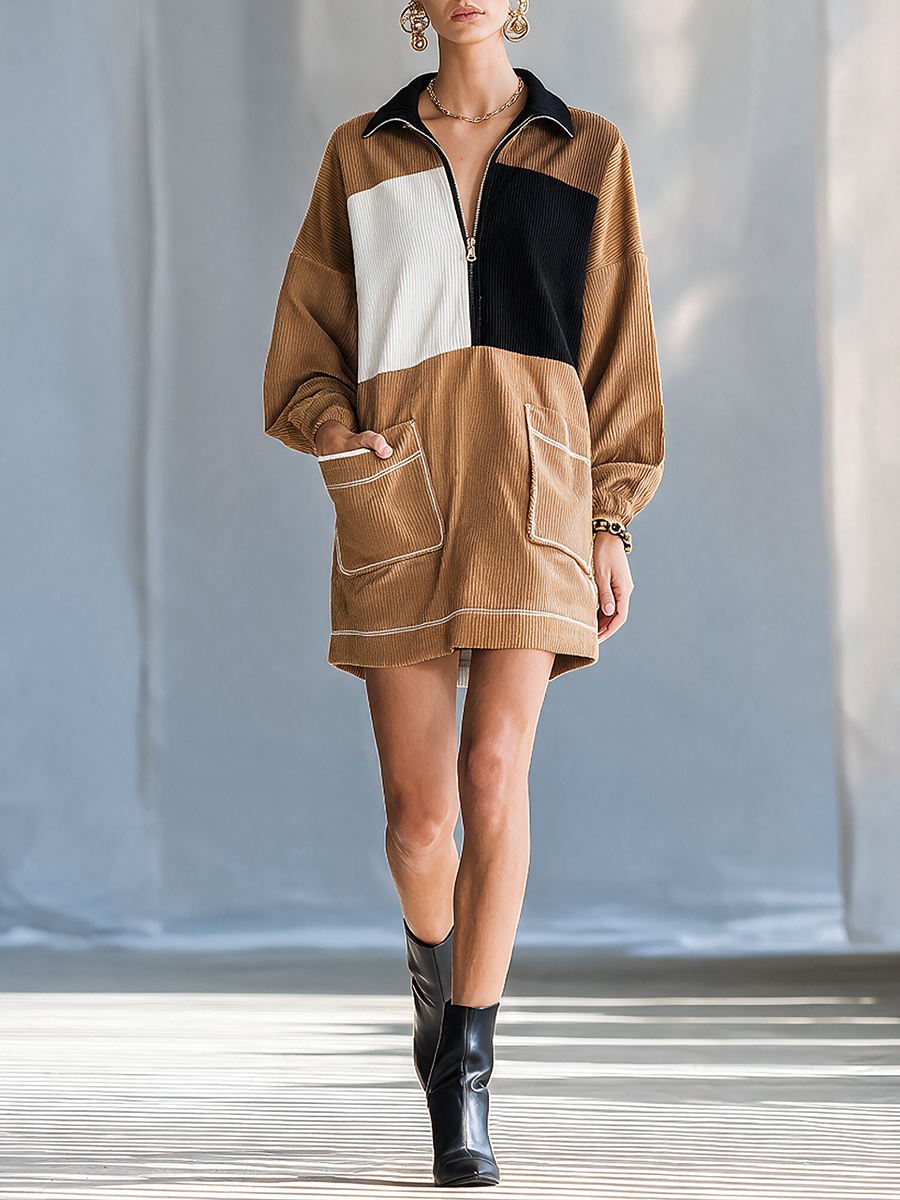 Women's Collared Half-Zip Colorblock Drop-Shoulder Long-Sleeve Corduroy Mini Dress MDZ2713H0CMX