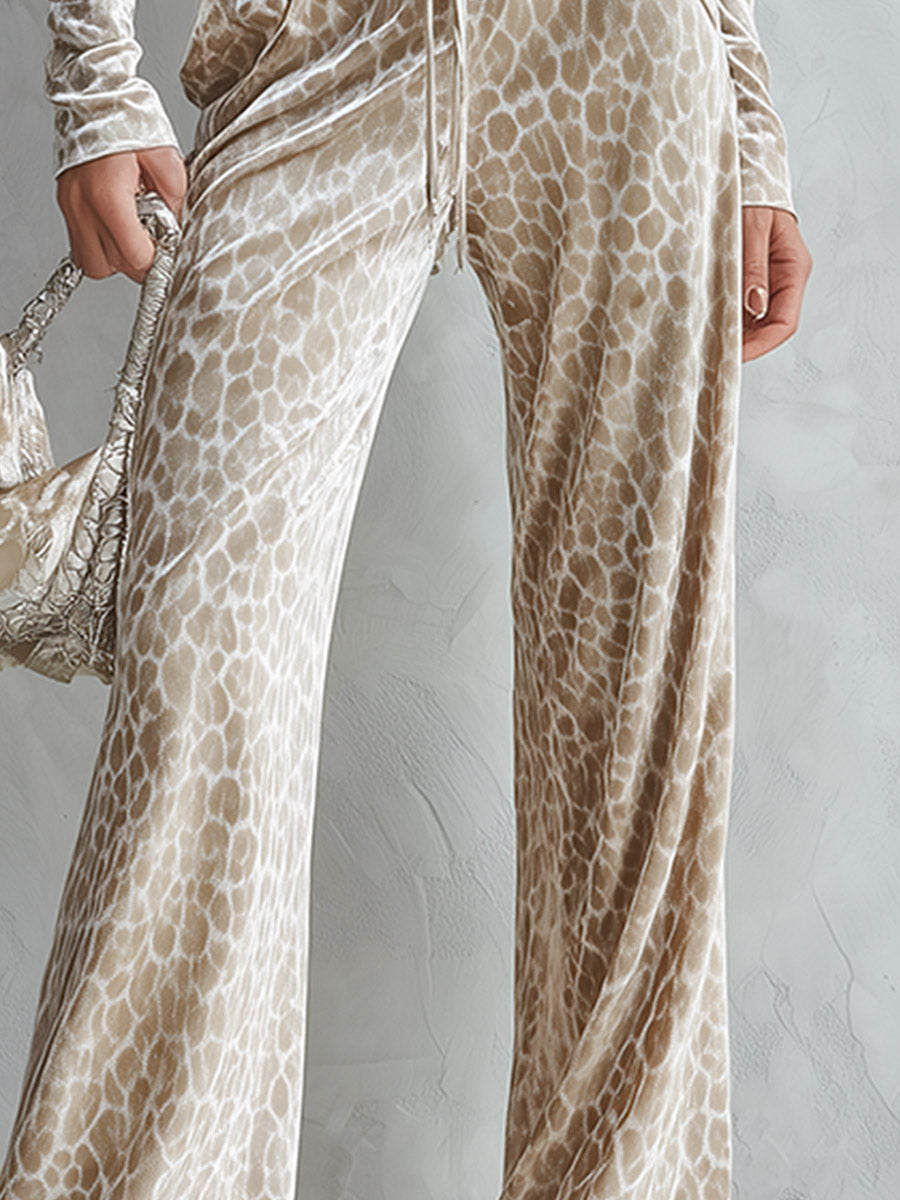 Leopard Print V-Neck Velvet Top and Flare Pants Two-Piece Set - By Qivii