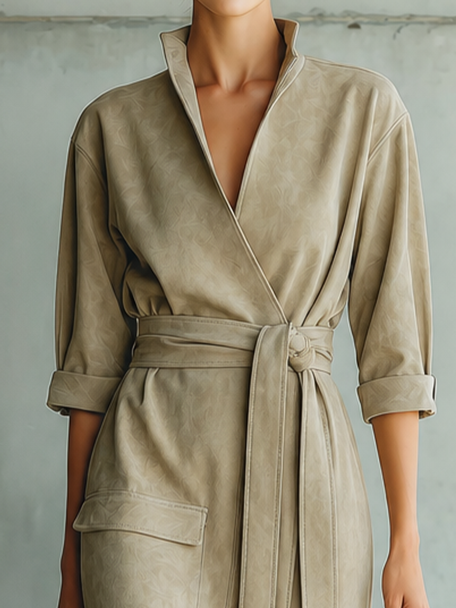Women's Stand Collar Pocket Beige Wrap Dress MDZ0167I7YZJ