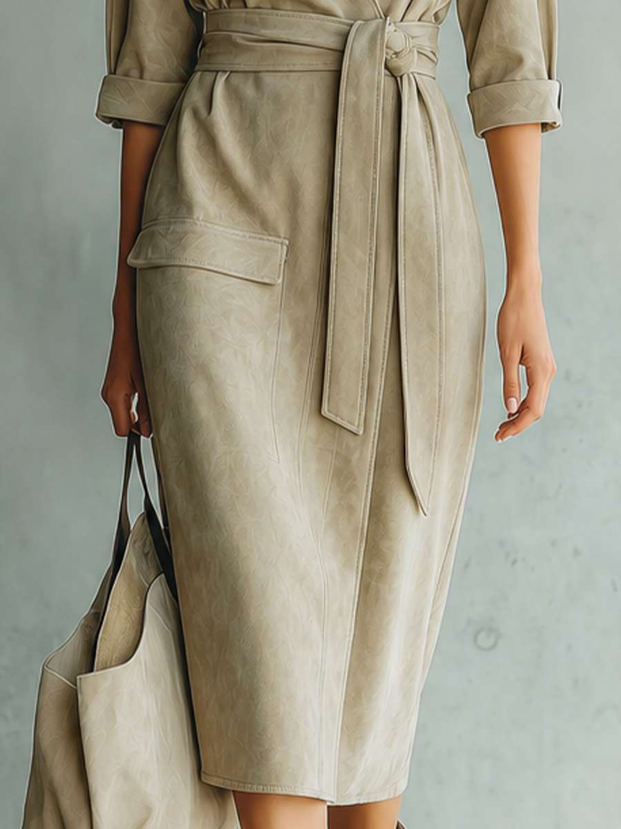 Women's Stand Collar Pocket Beige Wrap Dress MDZ0167I7YZJ