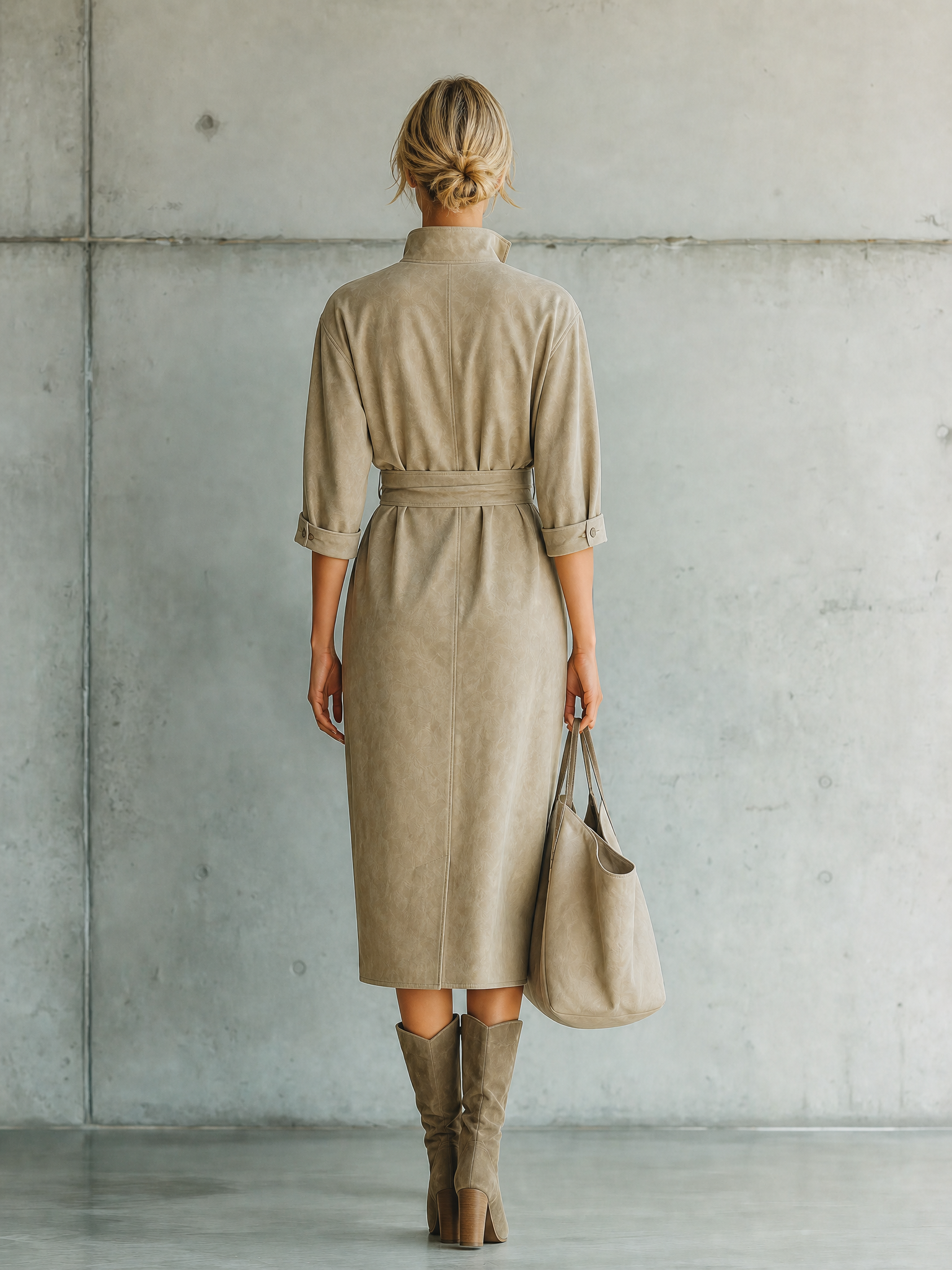 Women's Stand Collar Pocket Beige Wrap Dress MDZ0167I7YZJ