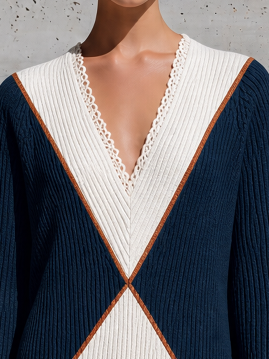 Women's V Neck Colorblock Ribbed Navy White Sweater Dress MDZ0161I6YZJ