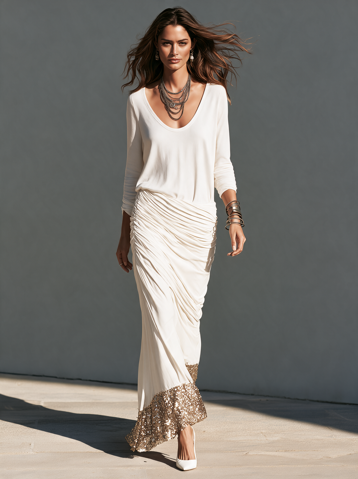 Women's Casual White Stretch-Knit Maxi Dress With Gold Sequin Long Sleeves And Spliced Detailing MDZ0107I3LXY