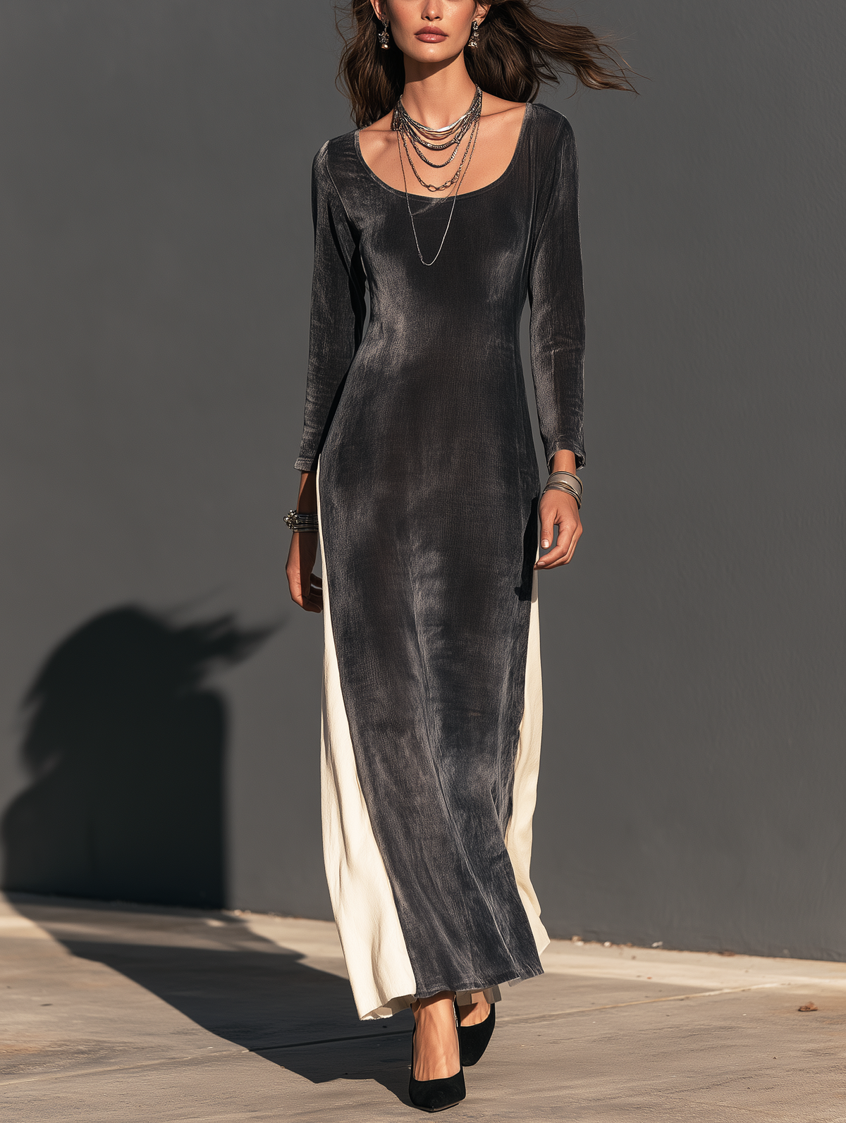 Women's Casual Long-Sleeve Maxi Dress In Dark Gray And White Color-Block Velvet MDZ0172I0LXY