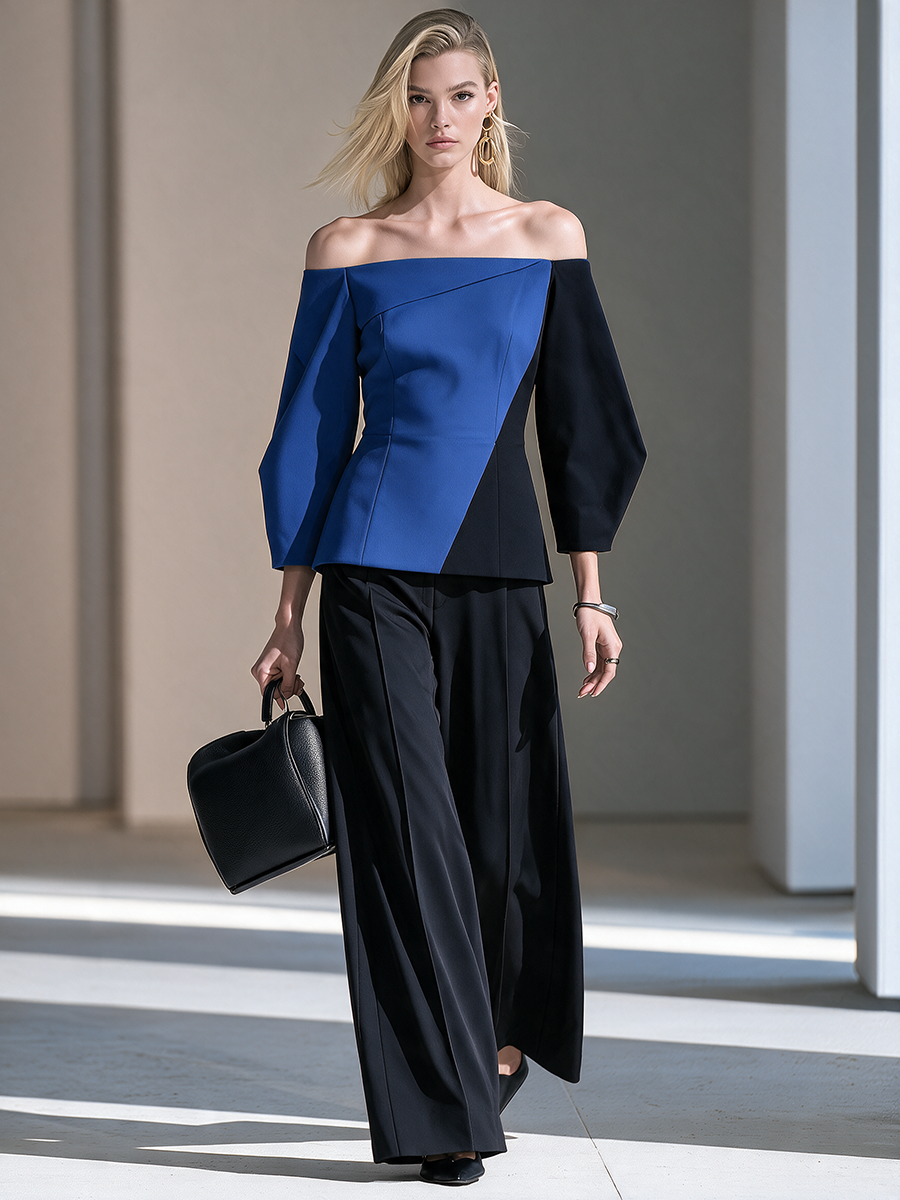 Women's Off-Shoulder Colorblock Three-Quarter Balloon-Sleeve Belted Top And Wide-Leg Pants Set MDZ0255I0CMX