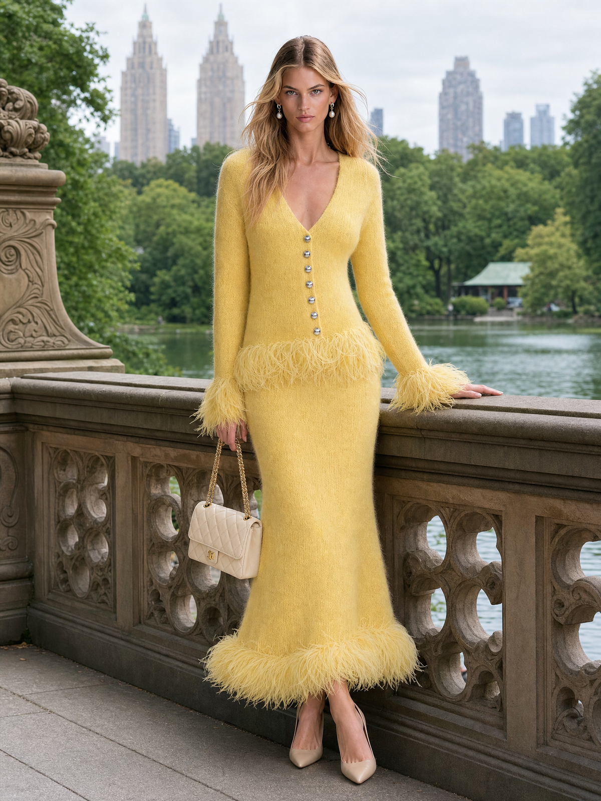 Yellow knitted skirt set with feather fringe details, women's clothing by Oyrosy Clothing featuring a retro-chic style.