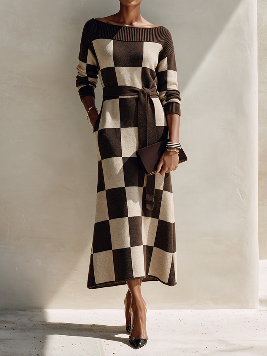 Women's Off-Shoulder Checkered Knit Maxi Dress MDZ0361I0ZRK