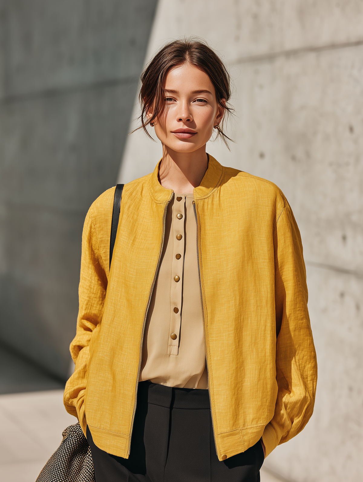 Women's Linen Blend Zip Front Yellow Jacket MDZ0315I6YZJ