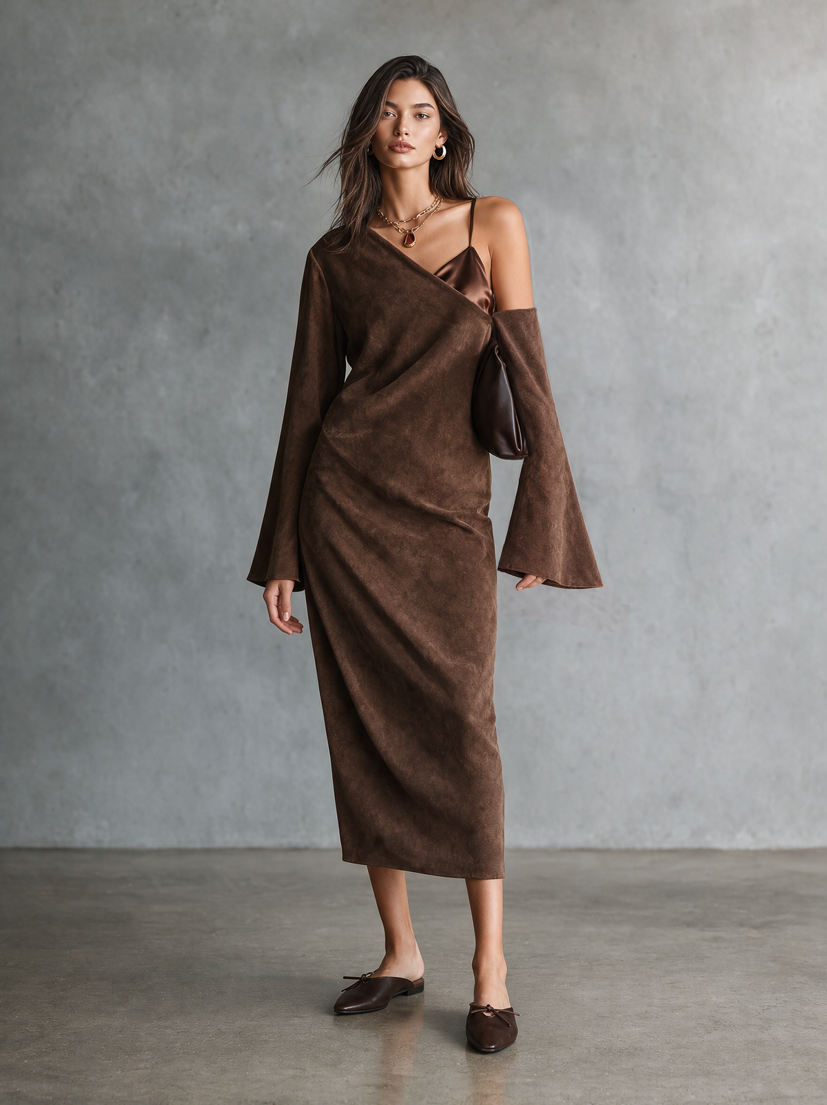 Women's Elegant Suede Dress Splicing Satin Camisole-Style Bodice And One-Shoulder Detail MDZ0300I4WY