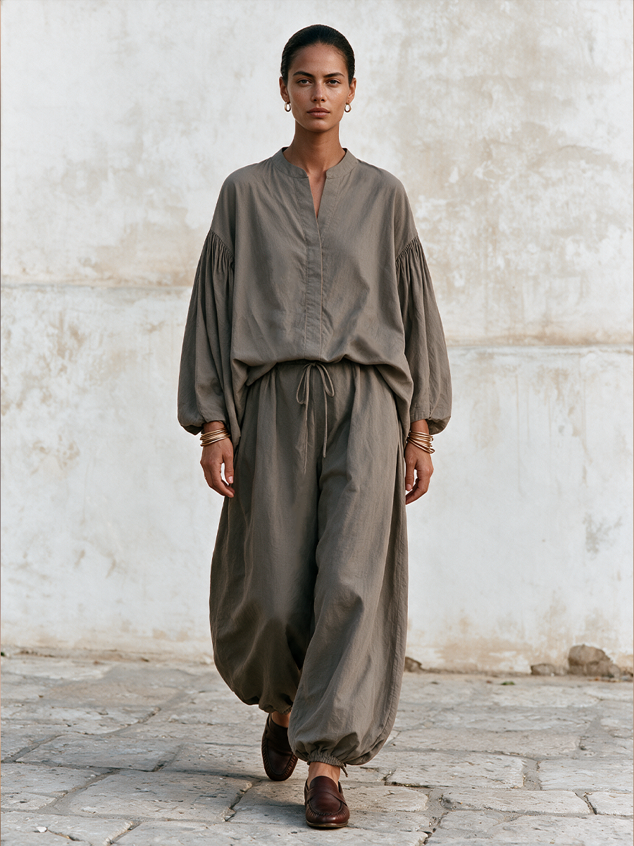 Women's Gathered Lantern Sleeve Casual Wide-Leg Pants Set MDZ0326I8GMJ
