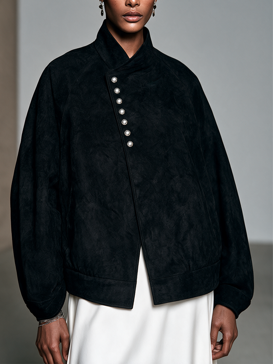 Women's Button Detail Elegant Suede Stand Collar Jacket MDZ0365I2GMJ