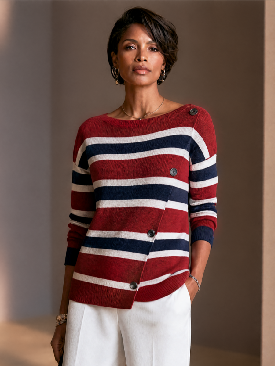 Women's Contrast Stripe Casual Knit Asymmetric Placket Sweater MDZ0399I0GMJ