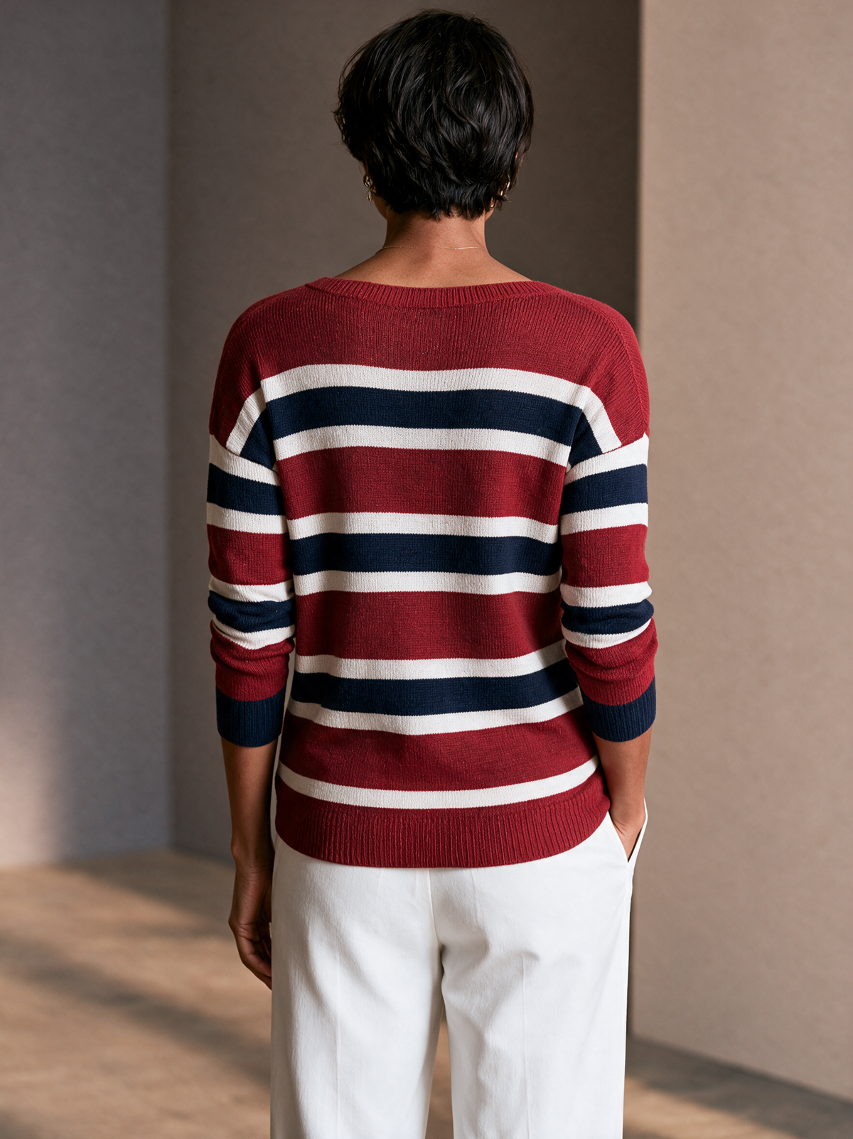 Women's Contrast Stripe Casual Knit Asymmetric Placket Sweater MDZ0399I0GMJ
