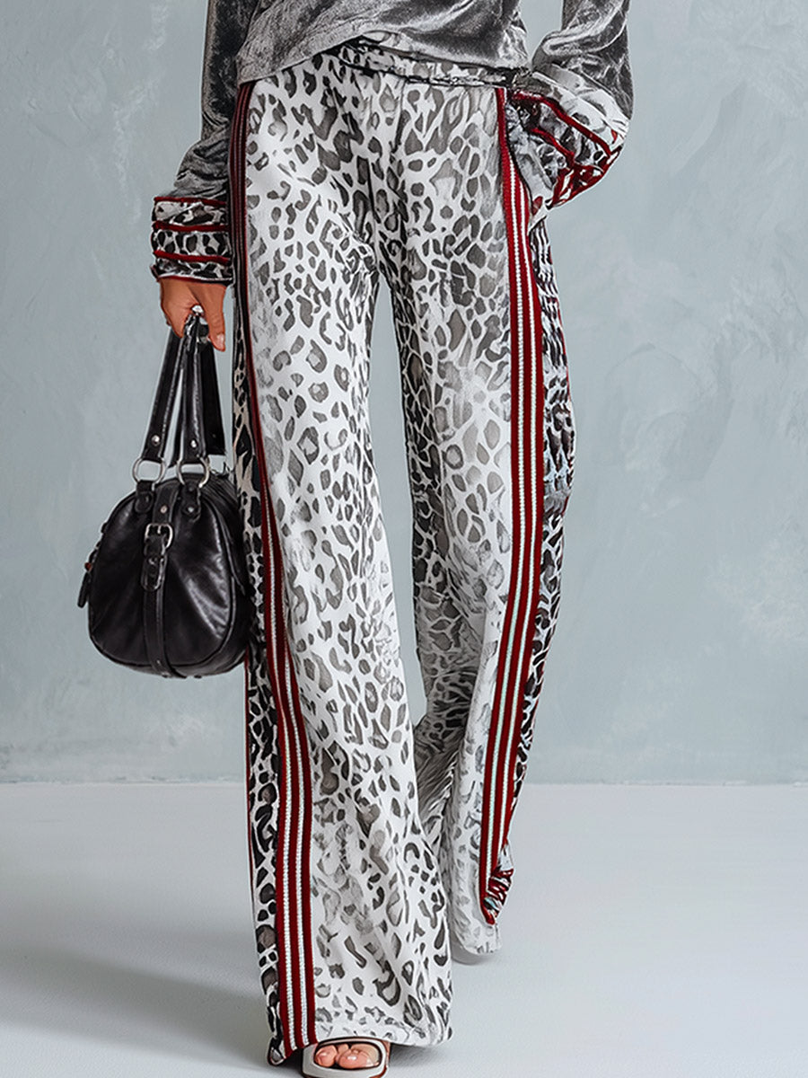 Womens grey striped trim T-shirt and leopard-print wide-leg trousers velvet set by Oyrosy Clothing, casual chic style.