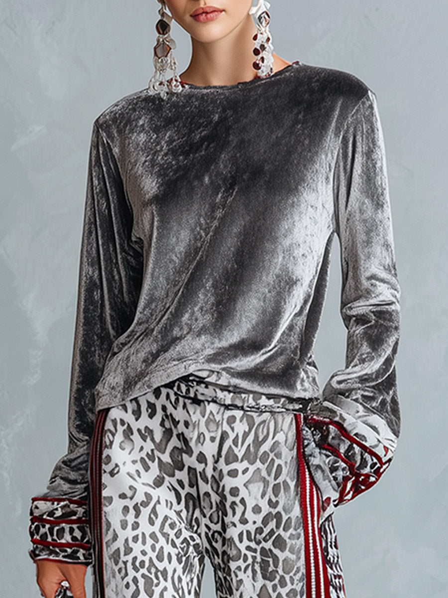 Oyrosy Clothing women's grey striped trim T-shirt and leopard-print wide-leg velvet trousers set, casual and stylish.
