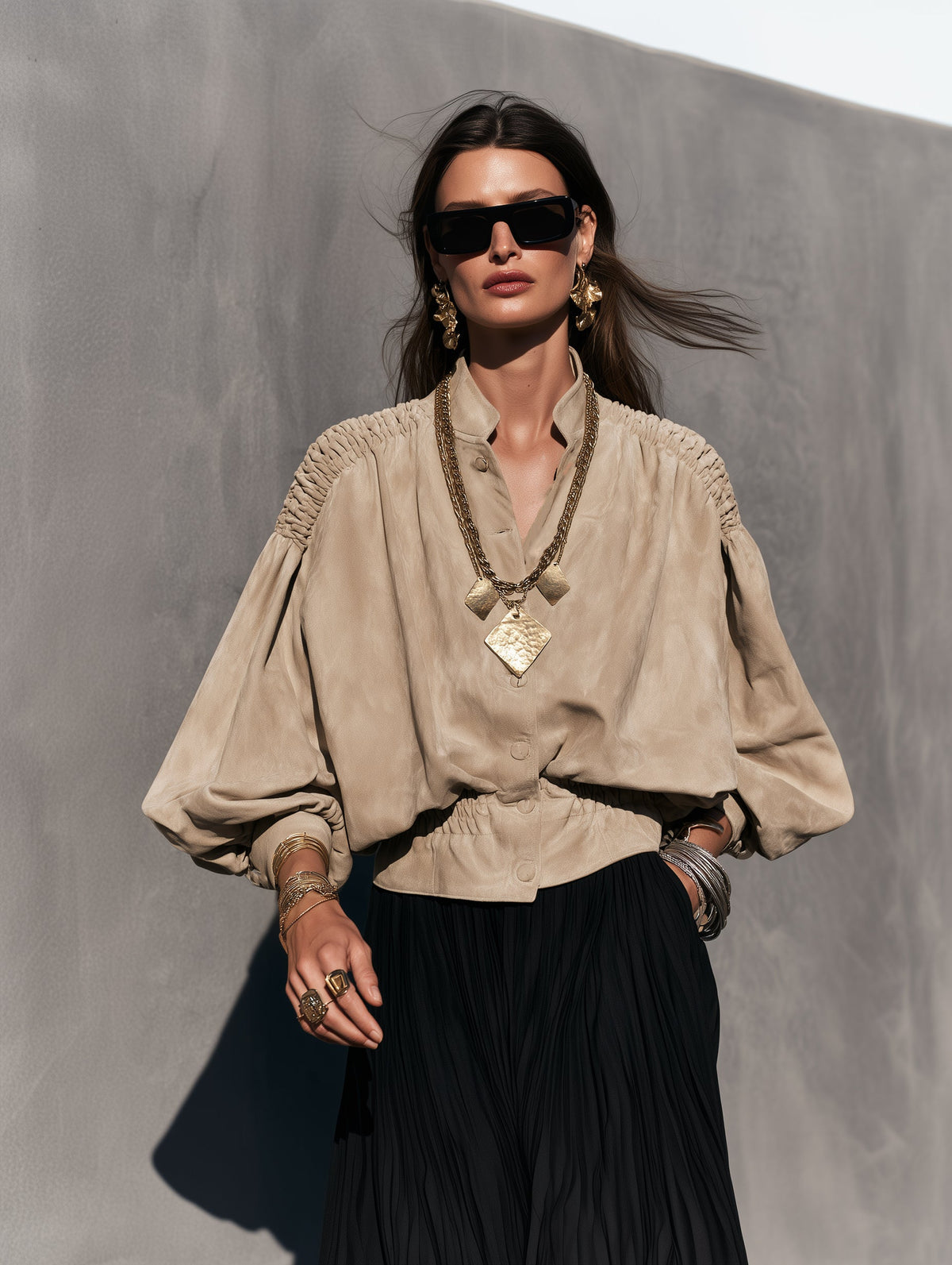 Women's Elegant Apricot Suede Long-Sleeve Cropped Jacket